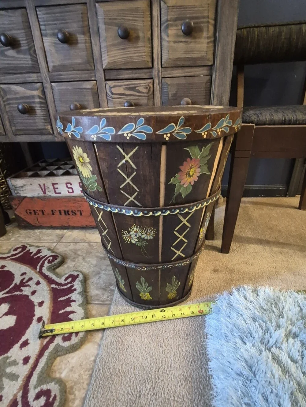 Hand-Painted Brown Floral Accent Hamper